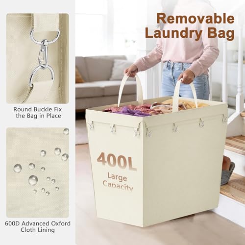Hoctieon Large Laundry Cart with Wheels, 400L Heavy Duty Laundry Basket Organizer, Rolling Hamper Sorter for Clothes Storage, Industrial Dirty Clothes Hamper for Home & Hotel, Beige by Hoctieon - Used condition - Image 4