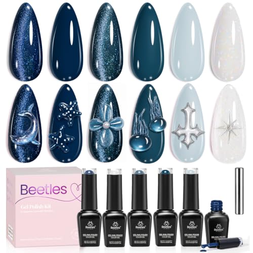 Image of Beetles Blue Gel Nail Polish Set, 6 Colors Navy Teal Glitter Gel Polish | Deep Blue Shimmer Gel Includes navy, teal and dark blue glitter shades with reflective sparkle, soak off UV /LED gel formula.