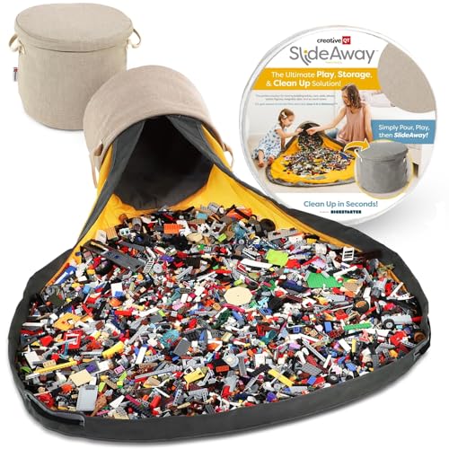 Creative QT SlideAway Toy Storage Organizer & Extra Large 52' Play Mat, Collapsible Storage Bins for Building Bricks, Small Blocks, Toys, Drawstring Cleanup for Kids Playroom & Classroom, Beige