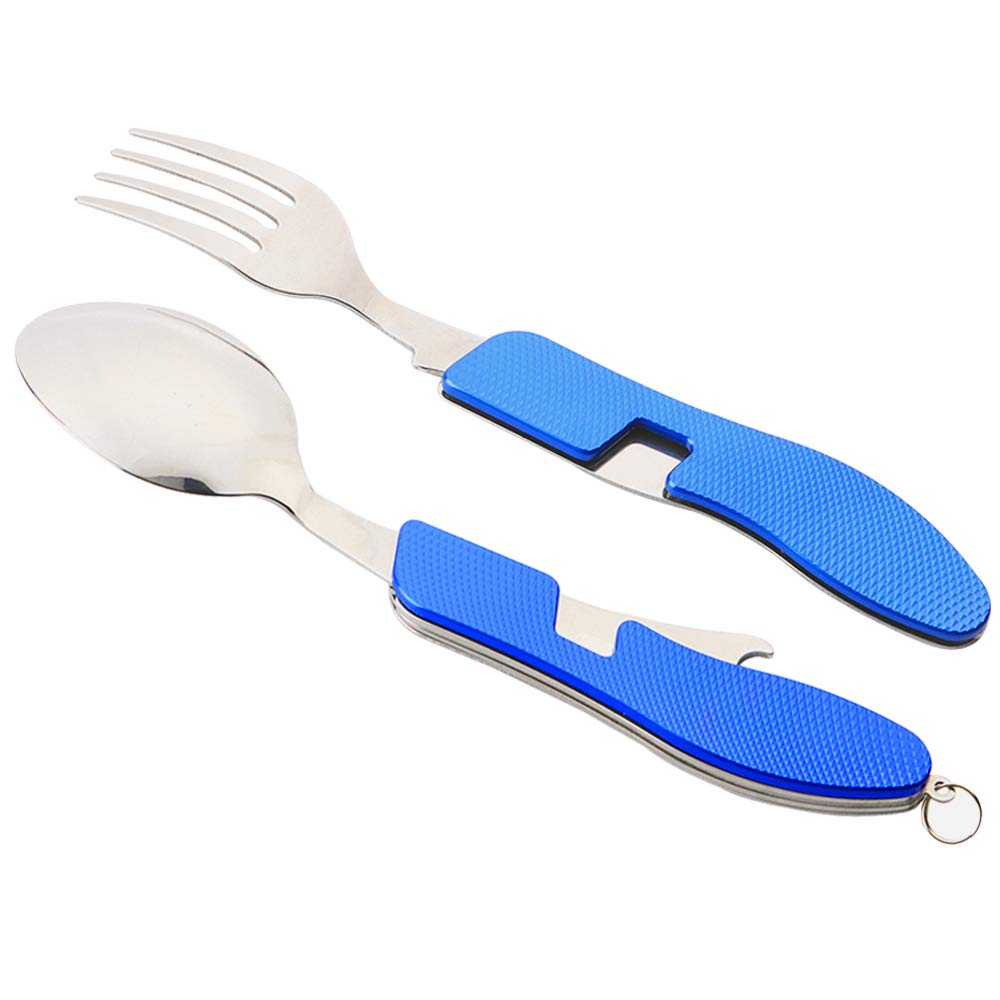 Lot de 2 couverts de camping 4 en 1 - Couverts pliants - Acier inoxydable - Extérieur - Couteau, fourchette, cuillère, décapsuleur (bleu)