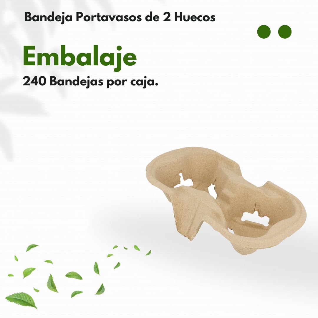 Bandeja Portavasos Biodegradable de 2 Huecos, Fibra de Papel Reciclado, Compatible con Vasos 7-8 oz, 240 Bandejas