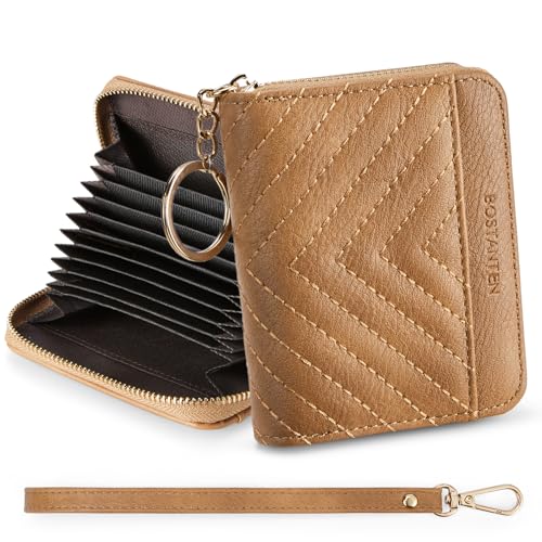 Image of BOSTANTEN Credit Card Holder Wallet RFID Blocking Leather Small Wallet for Women Zipper Keychain Wallet with Wristlet Camel