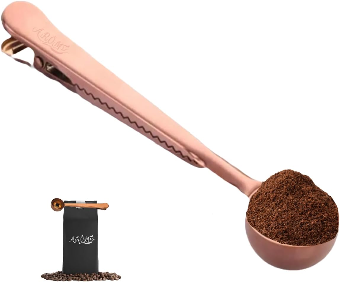 Espresso and Coffee Measuring Spoon, Bag Clip, Solid Stainless Steel - Rose Gold