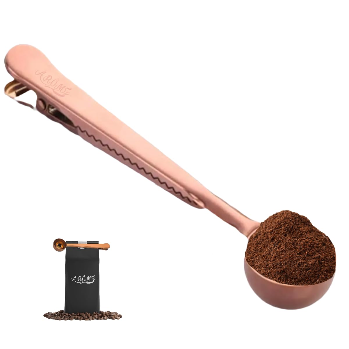 Espresso and Coffee Measuring Spoon, Bag Clip, Solid Stainless Steel - Rose Gold