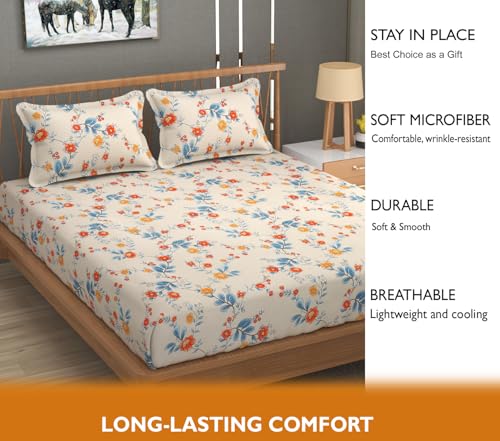 Image of Fresh From Loom Anti Fade Floral Print 240 TC Microfiber King Size Bedsheet Set with 2 Pillow Covers - Soft Fabric (90 x 95 inch| Beige, Floral Design)
