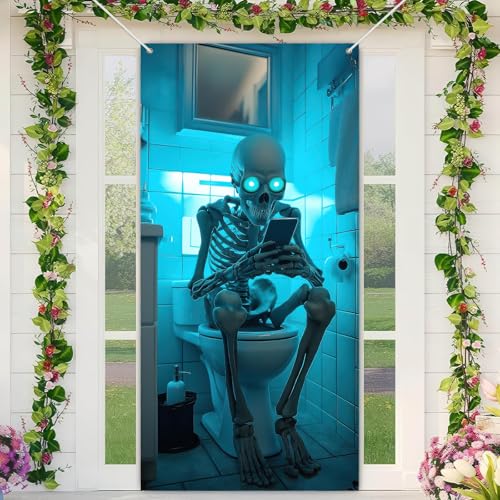 Image of BlissYard Halloween Door Cover Skeleton Restroom Scene 71 x 35 Inch | Polyester, Skeleton Restroom Scene, Halloween Door Cover, Bathroom Wall, Party Backdrop and Haunted House Decor