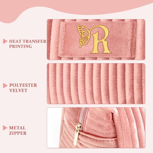 Image of COSHAYSOO Travel Makeup Bag Quilted Make Up Pouch Initial Cosmetic Case for Women Hair Eyebrow Eyeshadow Brushes Powder Foundation Blush Bronzer Contour Palette Items Organizer Pink Letter R