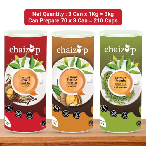 Image of Chaizup Premium 1 Min Instant Assorted Tea Pack - 1kg Cans (Pack of 3) | Cardamom, Ginger, Masala Flavours | Approx. 214 Servings | 3kg
