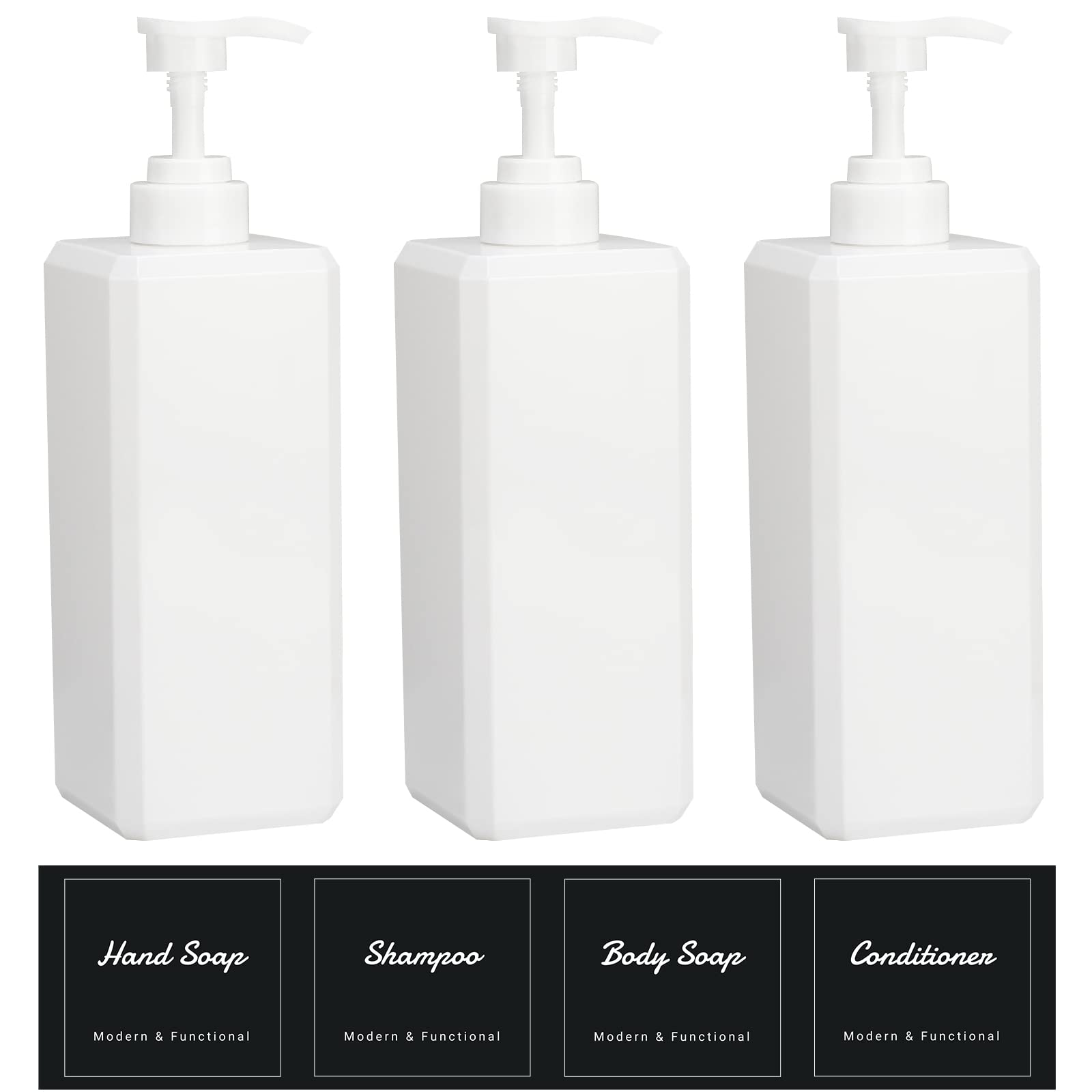 Suream Shampoo and Conditioner Dispenser Set - 27oz Plastic Empty Bottle with 4PCS Lables, Reusable Countertop Soap Organizer for Shower Gel, Hand