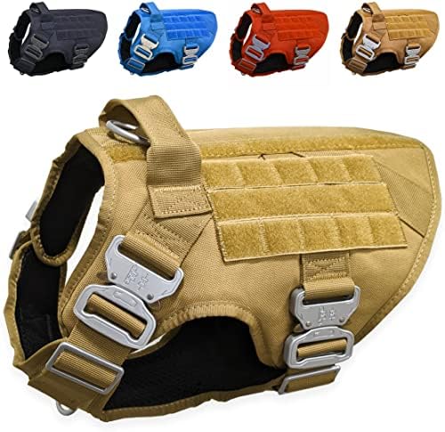 Tactical Dog Harness with 4 Metal Buckles [No-Choke Dog Harness], Bite Proof and Rain Proof Heavy Duty Harness for Large Dogs (Brown, (M))