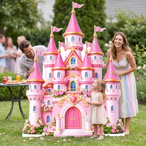 Image of Qunclay 4.5 ft Pink Princess Castle Cardboard Cutout Fairy Tale Castle Party Decoration Life Size Photo Booth Prop Standee Stand up 3D Display Backdrop Decor for Birthday Tea Party Baby Shower