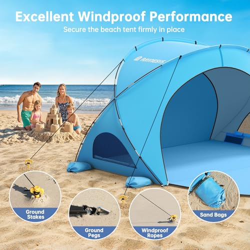 Image of Raynesys Beach Tent Sun Shelter for Sand Camping Fishing, 1-4 Person, Blue | Beach Shade Tent with UPF50+ UV Protection, Portable Sun Shelter, Shade Tents with 2 Zippered Doors