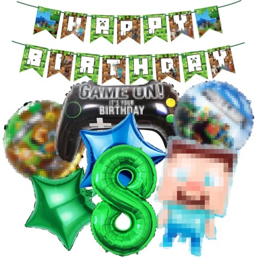 8 Stk Geburtstagsdeko Jungen 8 Jahre Miner Gamer Anime Cartoon Kindergeburtstag Luftballons Geburtstag Deko Set Happy Birthday Girlande Kinder Grün Blau Banner Helium Folienballon Partyzubehör Deko