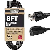 8 Foot Outdoor Extension Cord - 16/3 SJTW Black 16 Gauge Electrical Cable with 3 Prong Grounded Plug