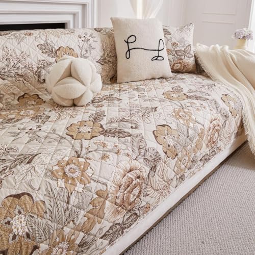 Image of HOMETHREADS Premium Style Anti Slip Sofa Cover Set | Cotton Sofa Slipcover | 1Pc Front Cover with Attached Armrest + 1Pc Back Cover (Coffee Rose, 2 Seater | 120x185cm)