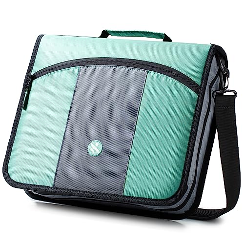 3-Inch Zipper Binder, 3 Round Rings Binder with Expanding File and Shoulder Strap, Green