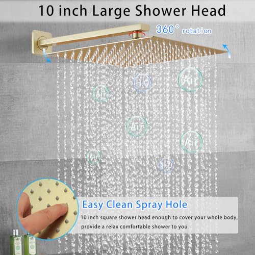 Image of Brushed Gold Shower System YCAIKOI Wall Mount Shower Faucet Set for Bathroom 10 Inch High Pressure Luxury Shower Head with Handheld, Rough-in Valve Body and Trim Included