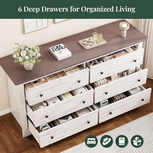 Image of 59 inch Wide Wood TV Stand with 6 Drawers & Metal Handles, Modern Media Console Storage Cabinet for Living Room, Bedroom, Entryway & Home Office, White