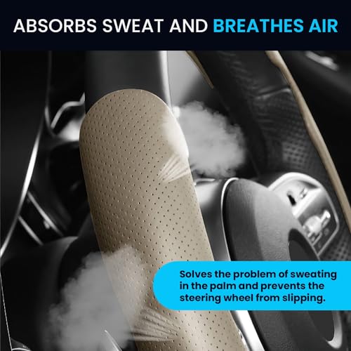 Image of KINGSWAY Premium PU Leatherette Beige Steering Wheel Grip Cover Compatible with Morris Garages (MG) Comet EV (2023 Onwards) - Universal Use and Non-Slip Car Interior Accessories, Set of 2 Pieces