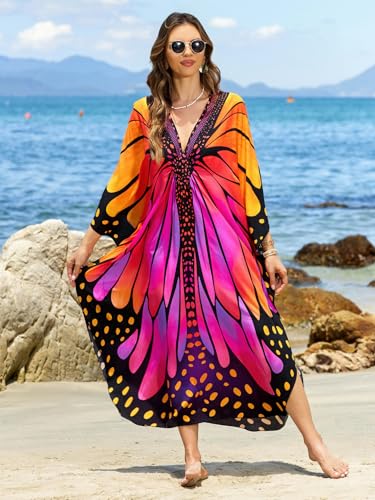 Image of IMAGEKOPE Women's Plus Size Animal Print V-Neck Batwing Kaftan Beach Dress Bathing Suit Cover-Up Loungewear