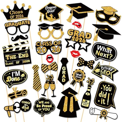 30PCS Graduation Party Decorations Class of 2026 Photo Booth Props Congrats Grad! Caps Glasses Star/Award Styles On Sticks for Easy Hand Holding Ideal for Graduation Party Decorations