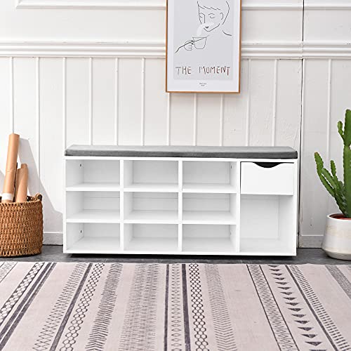 PALAKLOT Banc de rangement 10 cubes avec 1 tiroir - Banc à chaussures gain de place - Durable et stable - Avec assise en simili cuir - 104 x 48 x 30 cm (Blanc) Cover
