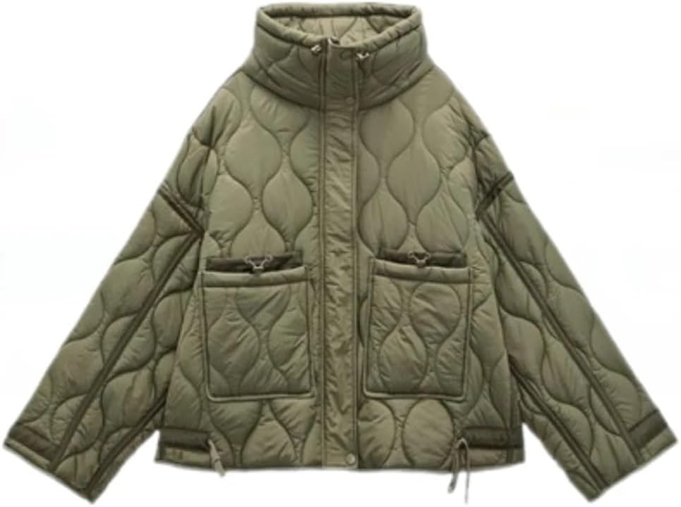 Autumn and Winter Down Jacket Quilted with High Neck and Long Sleeve Pockets Women's Warm