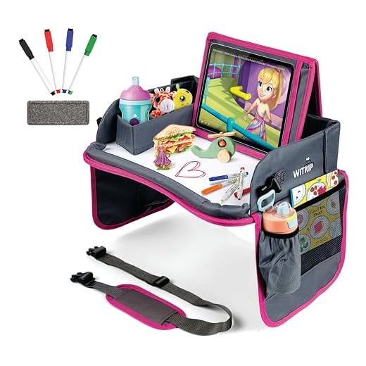 Kids Travel Tray with Dry Erase Board, Car Seat Lap for Food & Play Activity, Carseat Table Trays for Toddler, Kid Activity Desk for Air Travel, No-Drop Tablet Holder & Borders (Grey with Pink Frame)