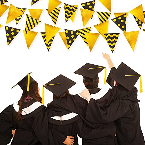 Image of 39 Ft Black Gold Triangle Pennant Banner Metallic Foil Polka Dot Stripe Paper Flag Bunting Garland Streamer for Birthday Anniversary Graduation Wedding Bridal Shower Party Decorations Supplies