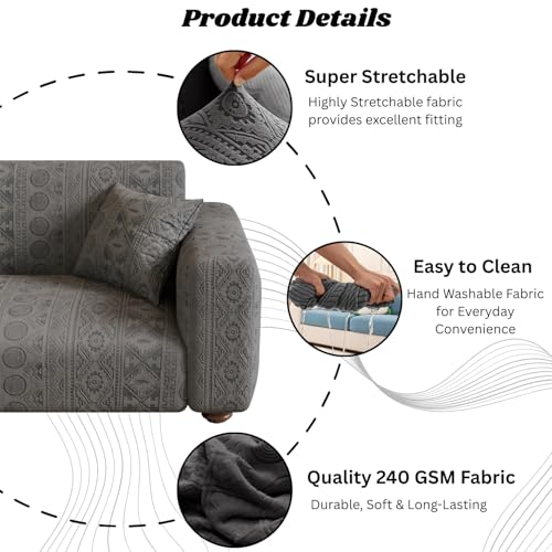 Image of Lukzer 2 Seater Pastel Dark Grey Tribal Pattern Sofa Cover | 240 GSM Universal Stretch Fit Jacquard Fabric Couch Protector | Fully Covered Anti Slip & Washable Sofa Cover (140-180cm /SC-137-02)