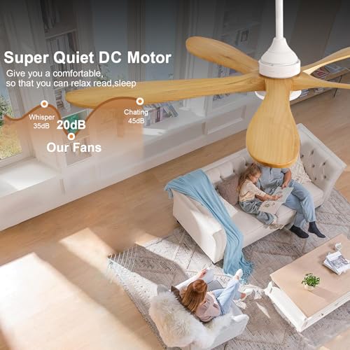 Image of OKDNEG 60 Inch Ceiling Fans with Lights and Remote, 5 Wood Fan Blades Ceiling Fan,3CCT Dimmable,Timer,Quiet DC Motor,6 Speed,Indoor Outdoor Ceiling Fan for Offices Farmhouse Gazebo Patio