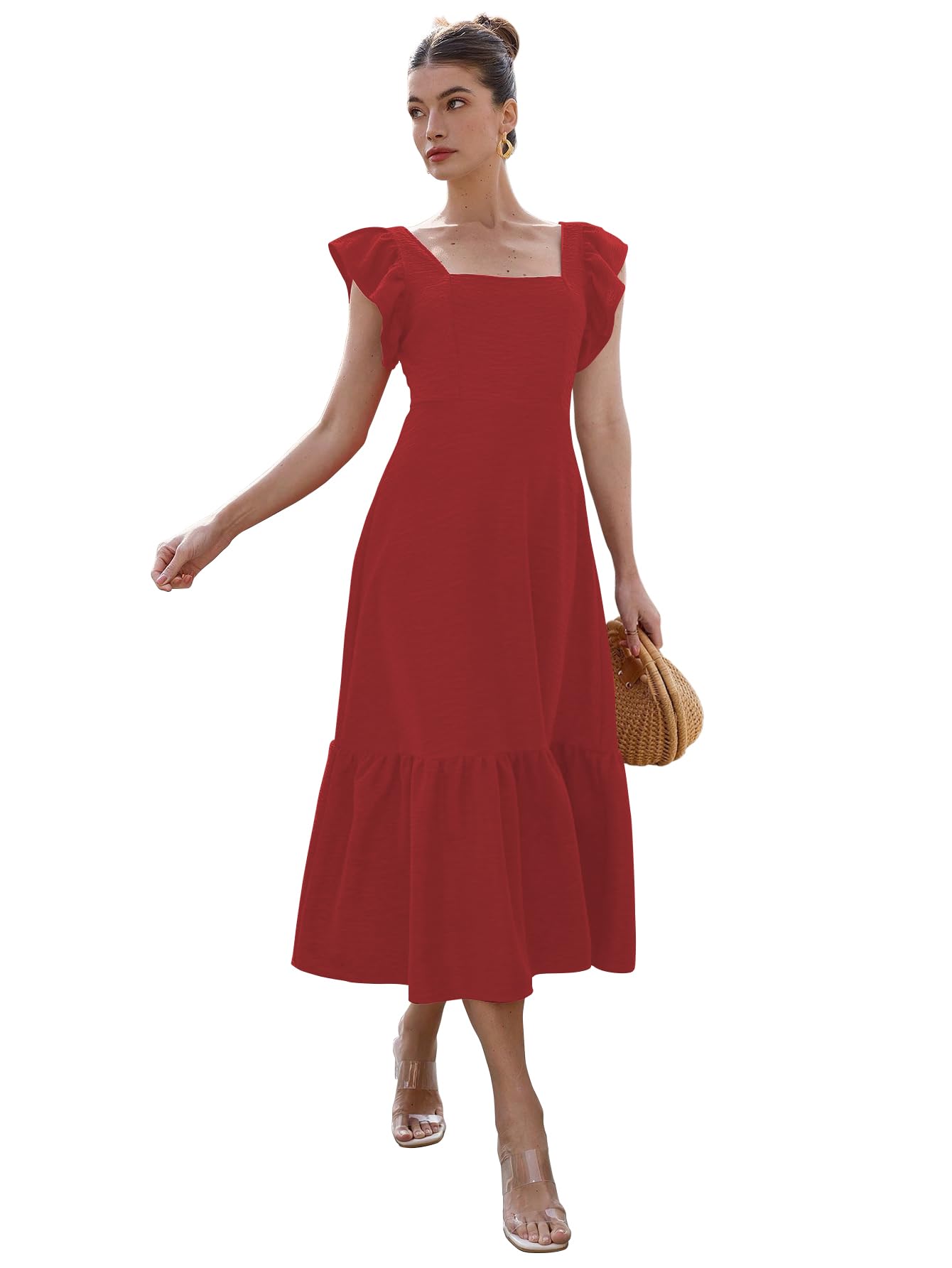 Sugathari Chica y mujer Color sólido cuello cuadrado, dobladillo con volantes sin mangas, sisas con volantes y vestido casual con cintura entallado trajes de vacaciones para mujer (vestido 176)