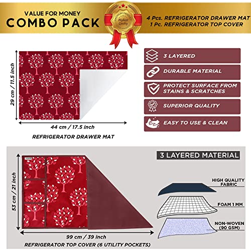 Image of Polyester 3-Layered Fridge Top Cover /Refrigerator Cover with Utility Pockets and Set of 4 Pc Fridge Mats (Color-Maroon, Size-39x21 Inches)