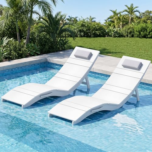 Image of Stoog 2-Pack Heavy Duty Anti-Floating Pool Lounge Chairs with Headrest, White Outdoor Chaise for Beach, Sun Deck, Hotel