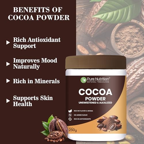 Image of Pure Nutrition Cocoa Powder Without Sugar | Cacao Powder Unsweetend | Coco Powders | Cocoa Powder for Cake, Beverages & Desserts |100% Plant Based & Alkalized | Rich Flavor & Aroma | No Added Sugar - 250g