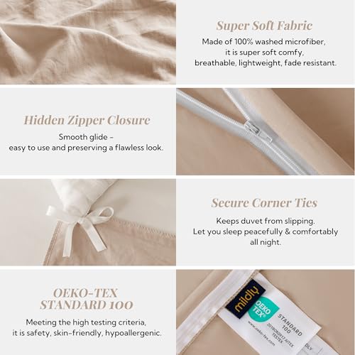 Image of MILDLY Super Soft Duvet Cover - 100% Microfiber Polyester Rugby Tan Comforter Cover Set 3 Pieces with Zipper Closure & Corner Ties (No Comforter) | Washed Microfiber Cotton-Like, Breathable Comfort, Hidden Zipper, Corner Ties, OEKO-TEX Certified, Fade Resistant