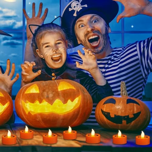 Image of Halloween Tea Lights Candles with 6H Timer, Pumpkin Flameless Candles with Ghost Face Flickering, LED Candles Battery Operated 12 Pack Φ 1.5 inch H 1.4 inch for Fall Halloween Decorations
