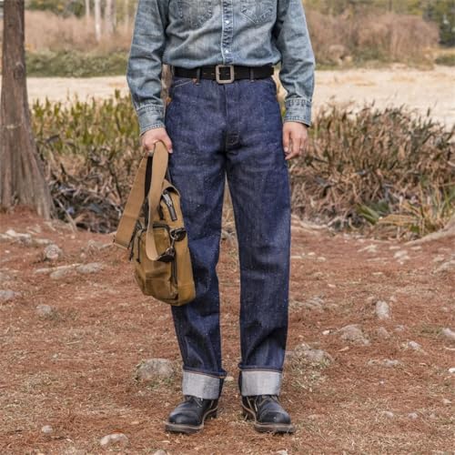 Men’S Vintage Loose Fit High Waist Selvedge Neppy Cotton Full Length Jeans Button Fly Midweight Daily Wear Pockets2