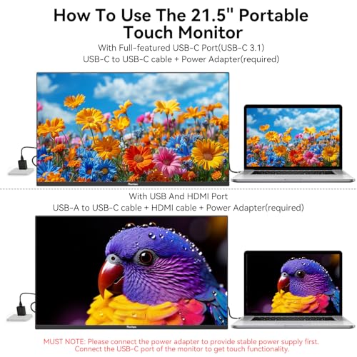 Image of Prechen 21.5 Inch Portable Touchscreen Monitor, 1080P Computer Touch Screen w /VESA Stand Touch PC Display, 75Hz, Multi-Touch Monitor, DC HDMI & USBC for Phones PC Phone Business,Black