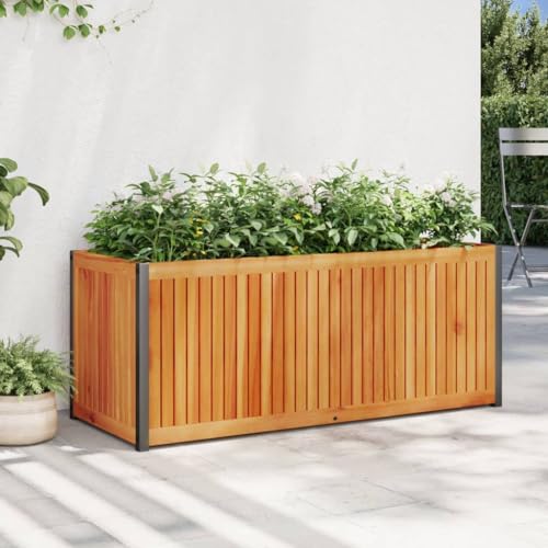 YUTAASU Rustic Acacia Wood Garden Planter with Slatted Design for Enhanced Ventilation and Drainage, Solid Natural Wood Planter Box for Indoor and Outdoor Flowers Herbs Plants