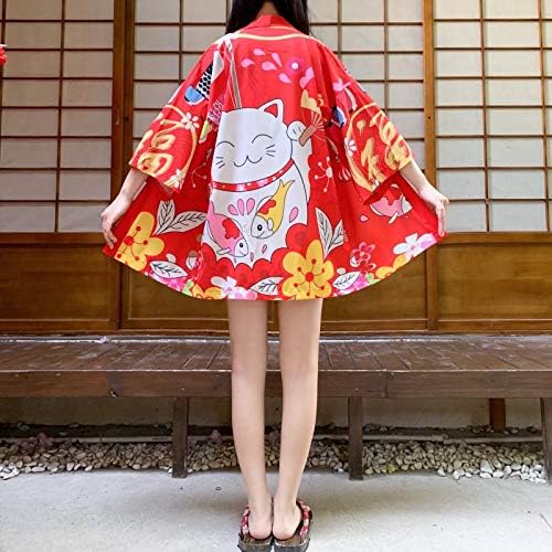 Image of LAI MENG FIVE CATS Women's Lucky Cat Cardigan Kimono Loose Cover up Casual Blouse Cute Tops