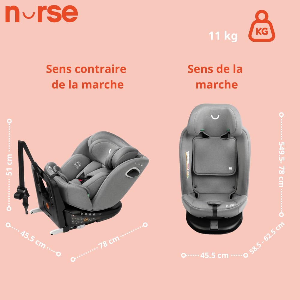 Nurse Scala Siège Auto i-Size 40–150 cm, Pivotant 360º, ISOFIX avec Top Tether, Dos à la Route et Face à la Route, Protection Latérale, Gris