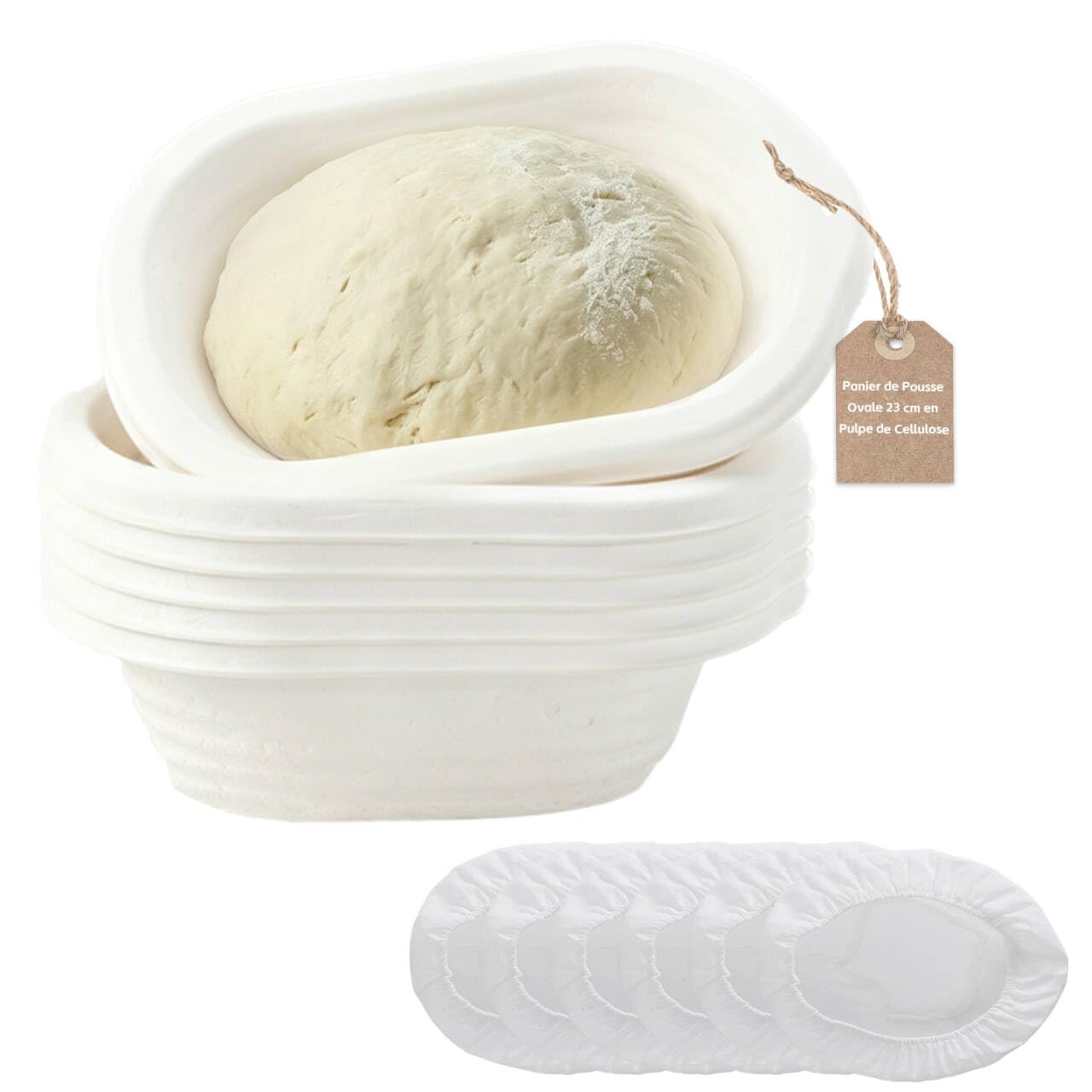 Lot de 6 Paniers de Fermentation à Pain Ronds 23 cm en Pulpe avec 6 Toiles de Lin – Bannetons pour Pain au Levain Artisan