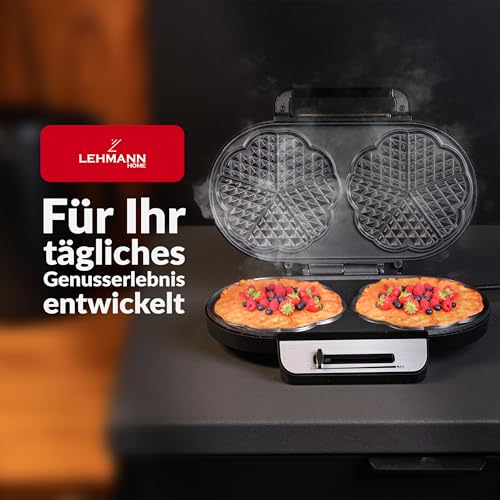 Foto von LEHMANN Doppel Waffeleisen Herzform - Herzwaffeleisen für 10 klassische Herzwaffeln - 2 Antihaftbeschichteten Backflächen - Temperaturregelung - Backampel - 1200W - Schwarz/Silber