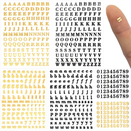 OIIKI 640pcs 6 Sheets Small Letter Number Stickers, 3D Self-Adhesive Mini Letter Stickers, Alphabet Number Decals Decoration Supplies for Scrapbook Nail Keyboard DIY Crafts- Gold & Black