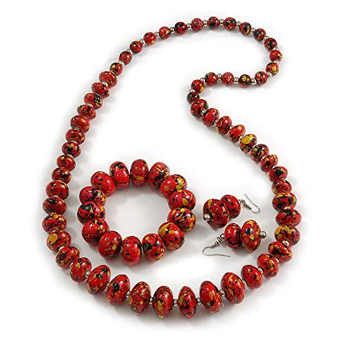 Juego de collar largo de cuentas de madera negro y rojo con aretes