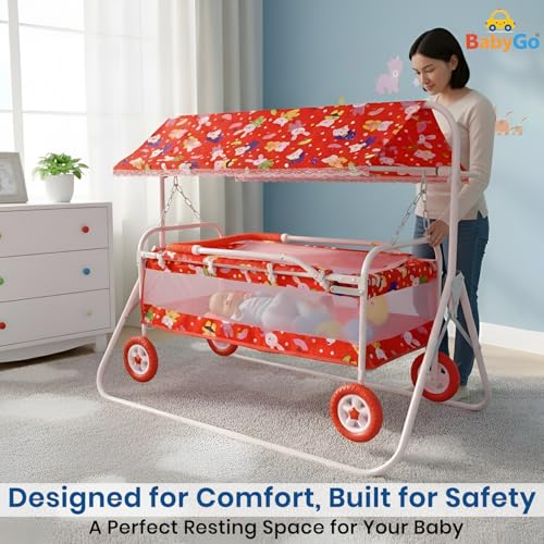 Image of BabyGo Baby Cradle with Swing & Mosquito Net | 0-9 Months | Foldable 2-in-1 Rocking Cradle Cot with 4 Wheels & Brake | Soft Sleeping Bed | Metal Frame | Red (Medium)