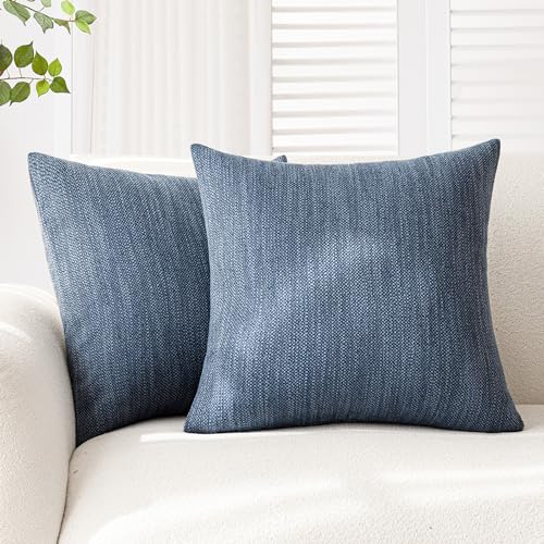 Image of Foindtower Set of 2 Decorative Textured Burlap Linen Throw Pillow Covers Farmhouse Boho Cushion Cover Solid Accent Pillowcase for Couch Sofa Bed Living Room Home Decor, 22x22 Inch,Navy Blue