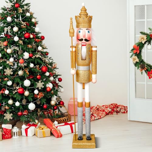 Liliful 48 Inch 4 ft Tall Life Size Christmas Nutcracker King Giant Wooden Soldier with Golden Scepter Nutcracker Statue for Indoor Outdoor Xmas Commercial Decor (Glitter King)