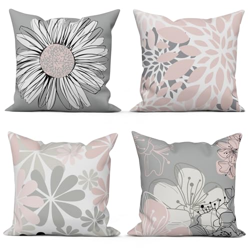 ASDCXZ Funda de cojín Rose 40x40 cm Juego de 4, Moderno Rose Gris Flores Estampado Cojín Decorativo Fundas de Cojín Funda de Cojín Lavable Poliéster Lino Textil Funda de Almohada para Exterior Funda